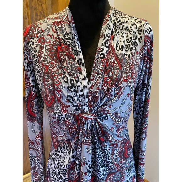 Bisou Bisou Womens Large Paisley Stretchy Black Red Bell Sleeve Boho Blouse Top - Picture 3 of 10